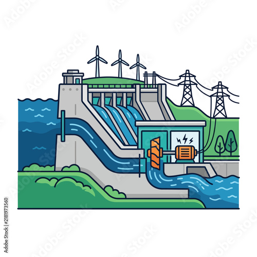 Hydroelectric Dam with Water Flow and Power Lines.