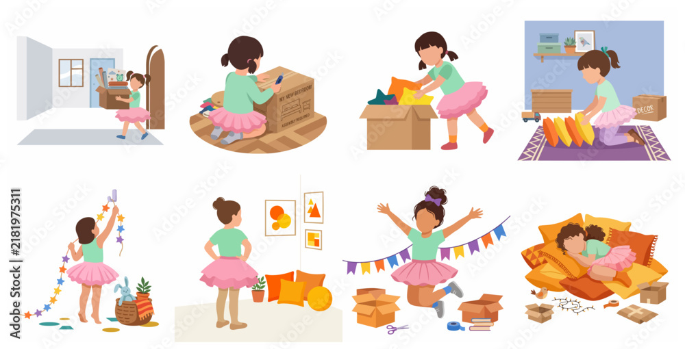 Fototapeta premium Little girl moving into new bedroom vector illustration set, unpacking boxes and decorating room