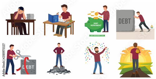 Financial debt management and repayment journey set, man struggling with bills, planning budget, paying off loan and achieving financial freedom flat vector illustrations