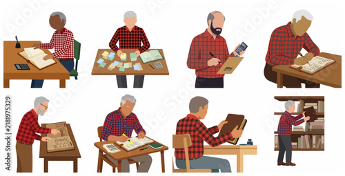 Set of illustrations depicting senior men in red plaid shirts engaged in bookkeeping, accounting, and financial management tasks like writing in ledgers and using calculators.