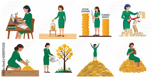 Businesswoman Managing Personal Finance, Budgeting, and Wealth Growth Illustration Set