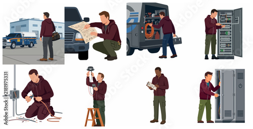 Professional Electrician and Electrical Technician Illustrations Set for Maintenance, Repair and Installation Service