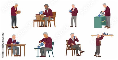 Flat vector illustration set of an elderly man in various stages of preparing and enjoying a cup of tea at home