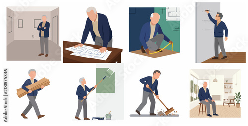 Senior Man Character Set for Home Renovation Maintenance and DIY Projects Vector Illustration