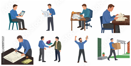 Set of Flat Illustrations Depicting Real Estate Agent Workflow and Home Buying Process