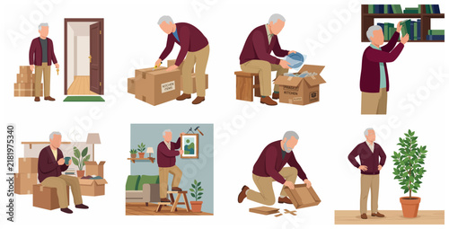 Senior Man Relocating to New Home Illustration Set. Elderly Male Character Unpacking Boxes, Organizing Books, and Decorating His New Apartment. Moving Day and Retirement Lifestyle Concept.