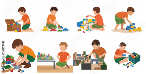 Set of Illustrations of a Young Boy Playing with Building Blocks and Various Toys