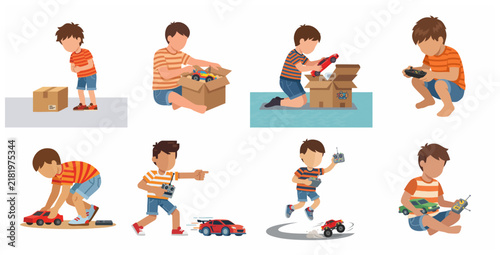 Set of little boy unboxing and playing with remote control car toy flat vector illustration