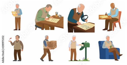 Senior Man Character Set in Various Daily Life Situations including Signing Documents, Moving House, and Relaxing