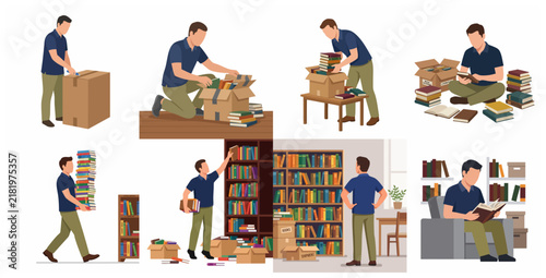 Man Organizing Home Library and Unpacking Boxes of Books Vector Illustration Set