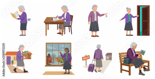 Senior Woman Selling Her House and Moving Out Flat Vector Illustration Set