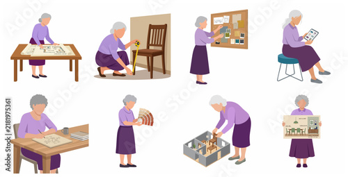 Senior woman architect and interior designer at work, set of flat vector illustrations
