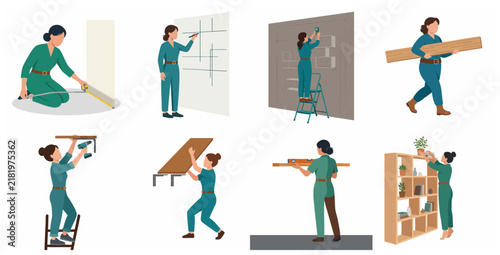 Professional Woman Handyman Doing Home Improvement DIY Projects Vector Illustration Set