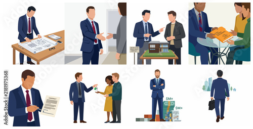 Business and Real Estate Vector Illustrations Featuring Architects, Real Estate Agents, and Clients During Property Sales, Contract Signing, and Investment Planning Scenes.
