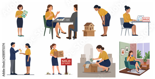 Real estate agent and home buyer process flat illustration set. Scenes of property search, consultation, buying, moving, and settling into a new house.