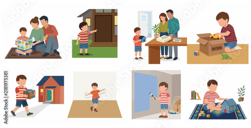 Happy family moving into new house and home buying process illustration set