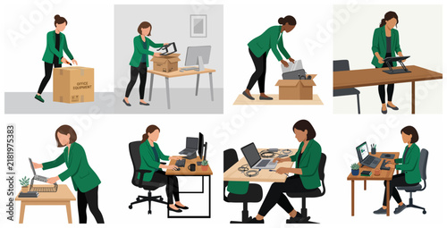 Professional Woman Setting Up Her Office Workspace and Working on a Laptop Illustration Set