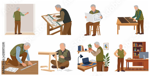 Senior man engaged in various home renovation, architecture drafting, and DIY woodworking projects illustration set