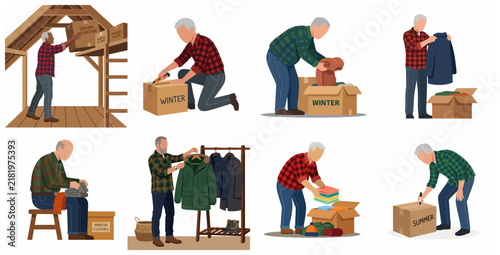 Senior man organizing and storing seasonal clothes in boxes, flat vector illustration set