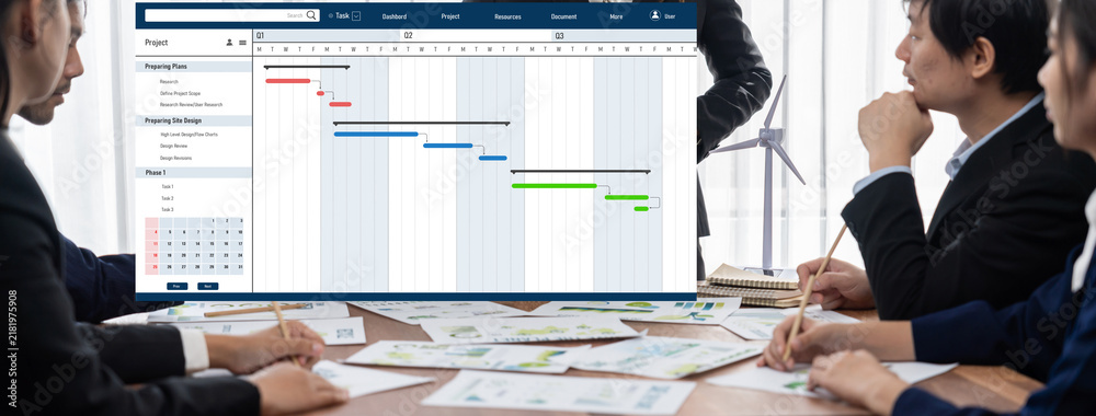Obraz premium Project planning software for brisk business project management on the computer screen showing timeline chart of the team project