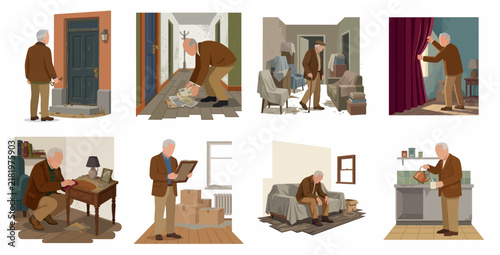 Bild auf Leinwand Set of illustrations depicting a lonely elderly man living in a neglected home, highlighting social issues of senior isolation, depression, and mental health