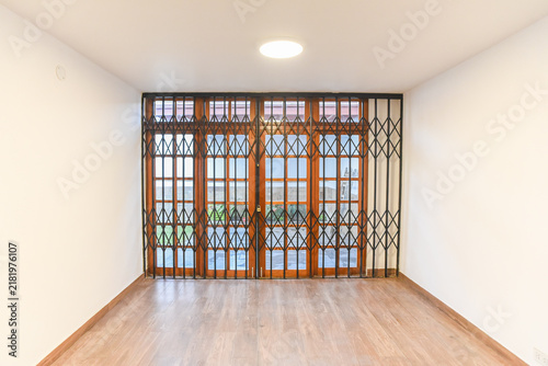 Ornate Wooden Doorway: An intricately designed wooden doorway featuring ornate metalwork and glass panels, offering a glimpse of greenery beyond, in a brightly lit room with polished wooden floors.