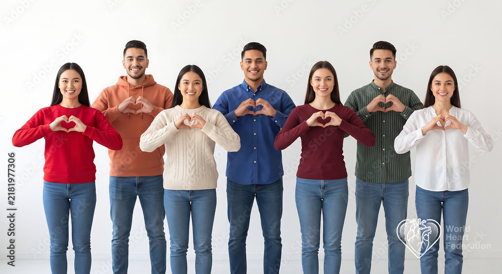 Obraz premium Diverse group of young people standing together and making heart shapes with their hands