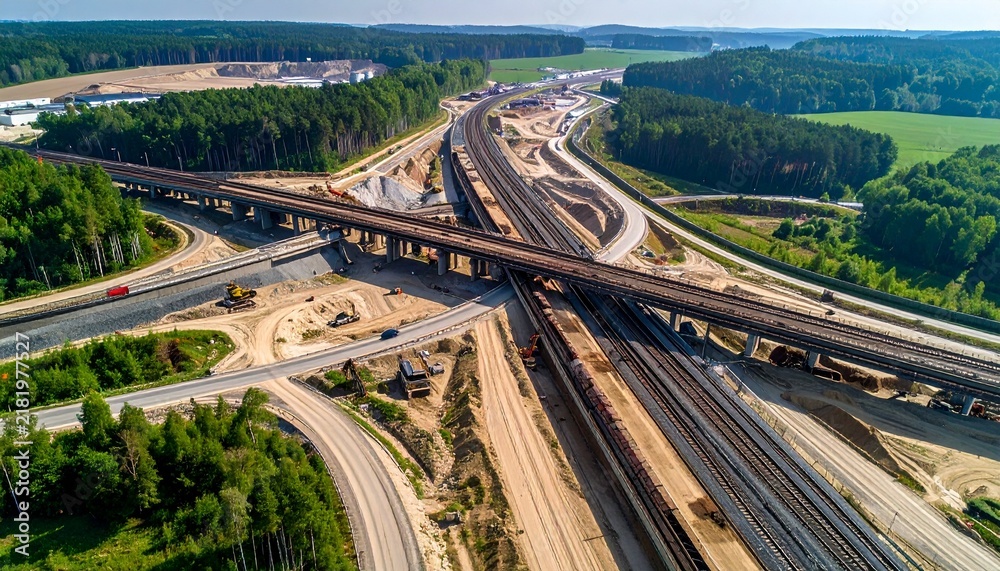 Obraz premium Aerial View of Highway Construction Site Amidst Green Landscape.