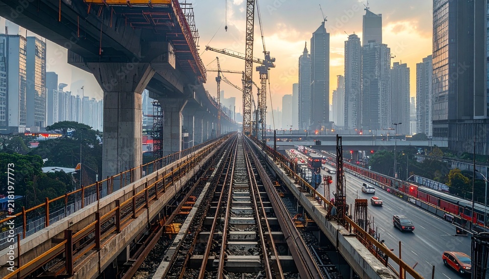 Fototapeta premium Urban Infrastructure Development - Railway Tracks and City Skyline.