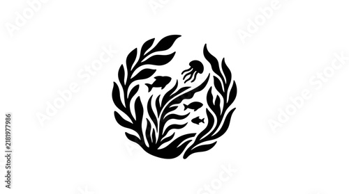 Stylized circular marine life emblem with fish, jellyfish, and seaweed.