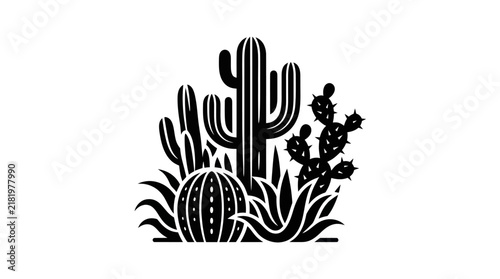 Stylized Desert Cactus and Succulent Plant Grouping Illustration.