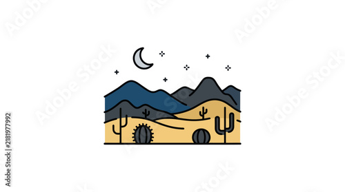 Stylized desert landscape with cacti and mountains under a crescent moon.