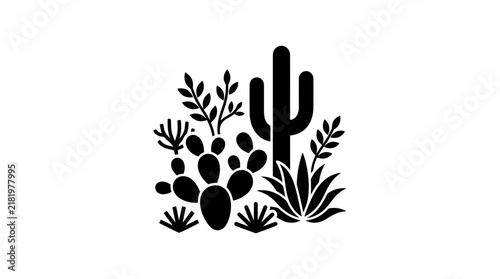 Stylized Desert Cactus and Succulent Plants Silhouette.