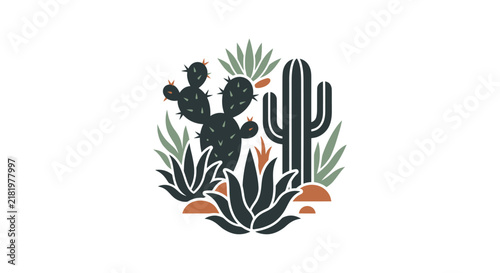 Stylized Desert Landscape with Cacti and Succulents.