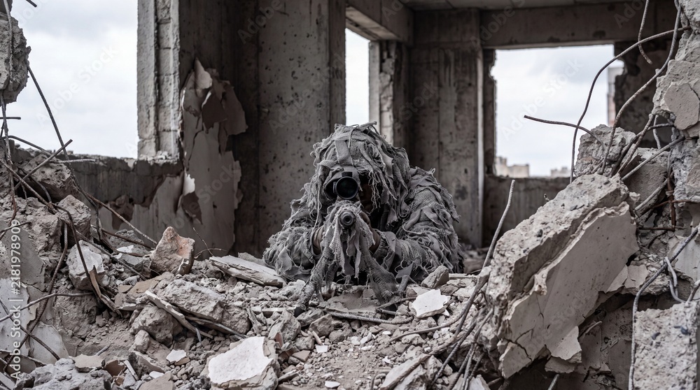 Obraz premium Camouflaged Sniper in Ghillie Suit Hiding Amidst Rubble of Ruined Building, War Zone Atmosphere