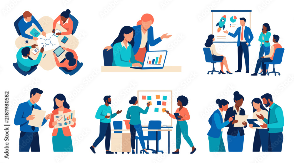 Fototapeta premium Business professional team members working together in a set of flat vector graphic office scenes illustration