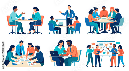 Diverse professional business people working together in various office settings shown as flat vector graphic illustrations
