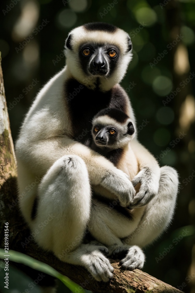 Obraz premium Mother crowned sifaka holds baby lemur close on tree branch. These primates native to Madagascar share a warm bond in green forest foliage. Mama and infant sit together.