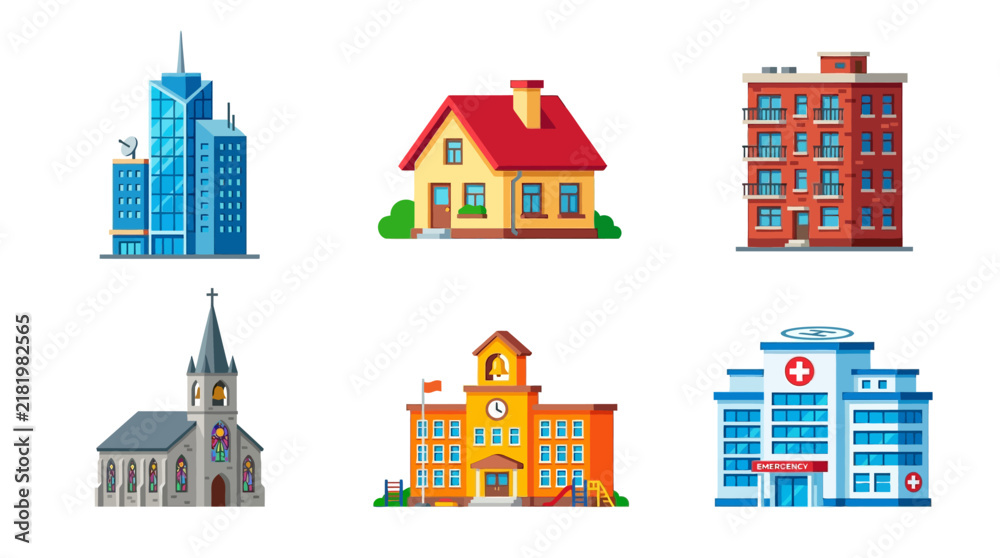 Fototapeta premium Set of colorful flat design icons of different types of buildings including houses, apartment complexes, churches, schools, hospitals, and skyscrapers