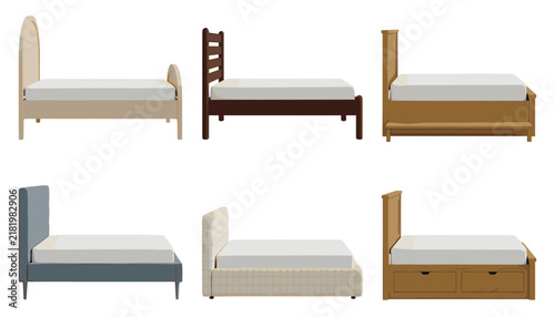 Bild auf Leinwand Bedroom wooden and upholstered beds vector set with comfortable white mattresses