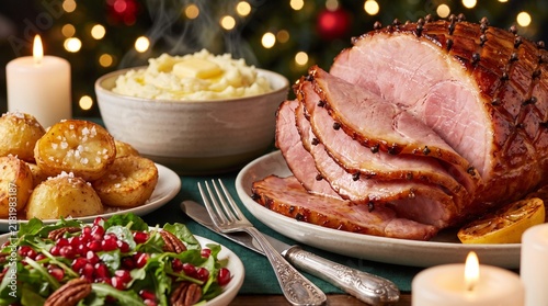 Delicious glazed holiday ham dinner served with mashed potatoes roasted potatoes and fresh pomegranate salad on festive background