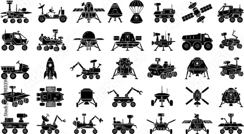 Mars Rover Silhouette Icon Set – Space Vehicle Transport Vector Bundle. Black flat clipart for space, sci-fi, and tech media, editable scalable icons, commercial stock use.