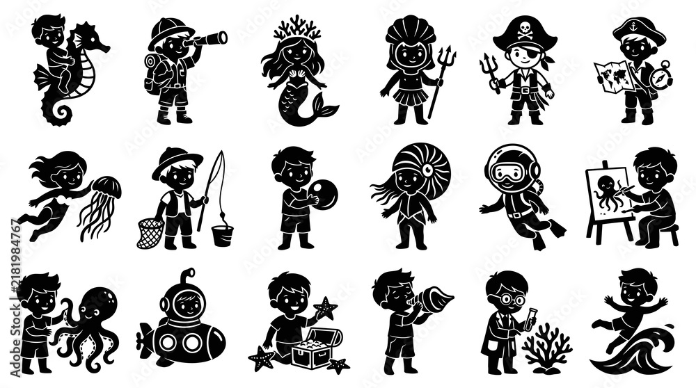 Fototapeta premium Black and White Kids Ocean Life Vector Icons Set