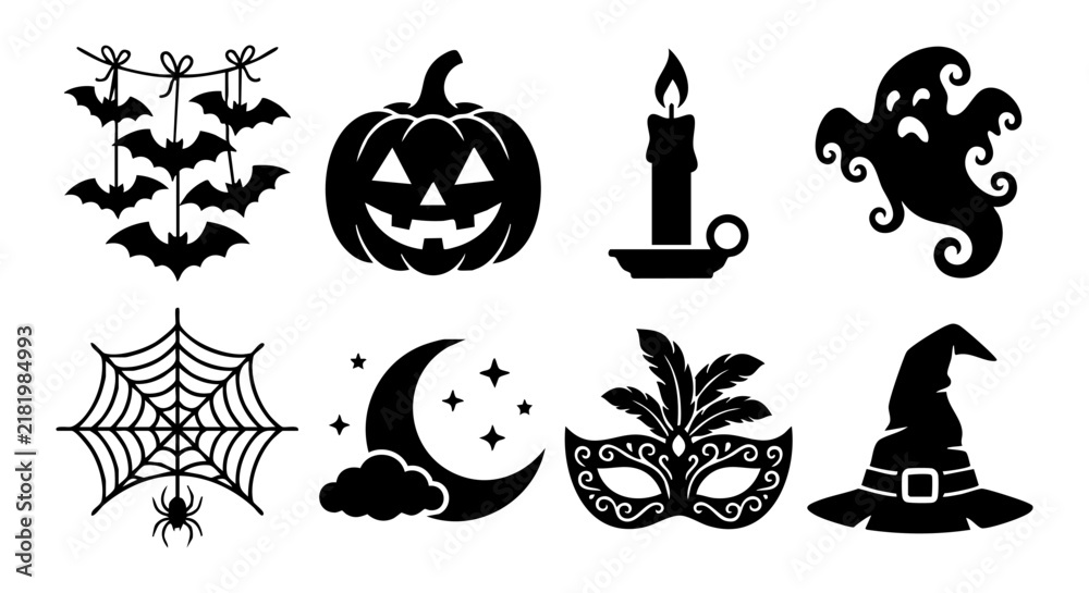 Fototapeta premium Halloween silhouette icons with pumpkin ghost candle bats and spider web