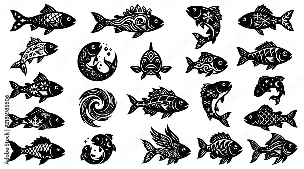 Fototapeta premium Black and White Stylized Fish Silhouettes Vector Art, Marine Life Illustration