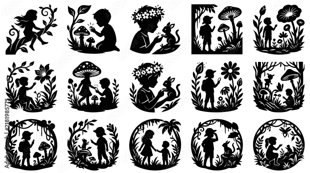 Obraz premium Enchanted Forest Silhouette Bundle: Children, Nature, Fairies, Mushrooms, Animals