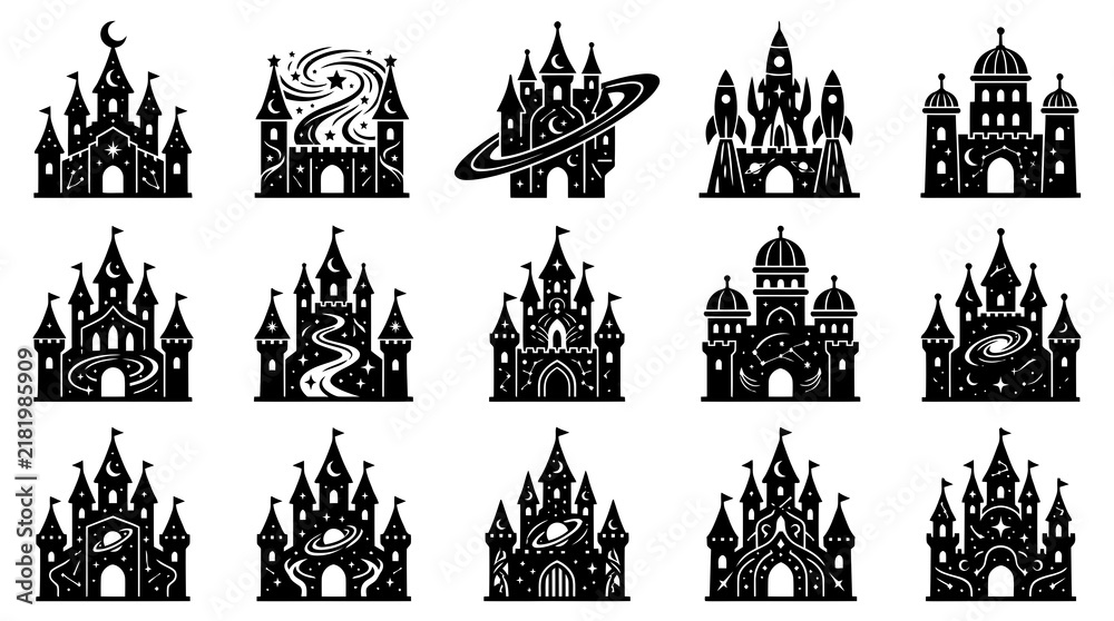 Fototapeta premium Black White Fantasy Castles with Stars and Rockets, Vector Icons