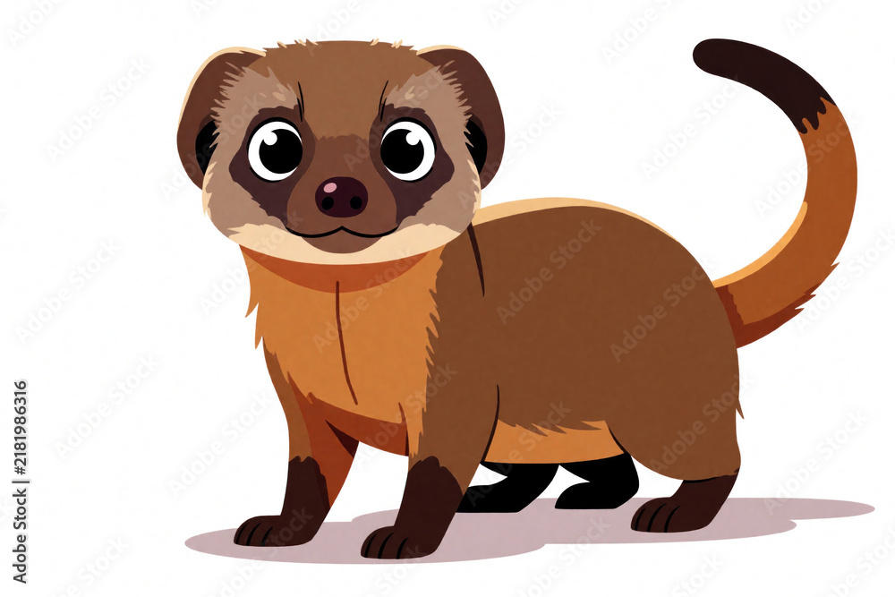 Obraz premium Cartoon mongoose stands curious, alert with big eyes and curved tail. This cute brown mammal illustration on white background suits children books, zoo promotions, or nature articles.