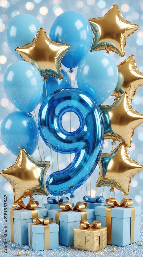 Fototapeta premium Blue and gold balloons float above gift boxes. Number nine balloon marks a special ninth birthday. Festive party decor creates happy celebration atmosphere.