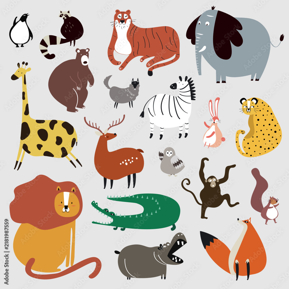 Obraz premium Collection of cute wild animals in cartoon style vector